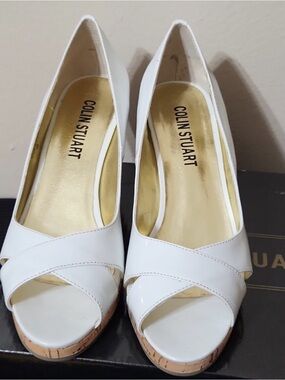 Colin Stuart White Patent Peep-Toe Platform Heels
